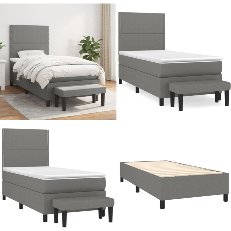 vidaXL Boxspring met matras stof donkergrijs 100x200 cm - Boxspring - Boxsprings - Pocketveringbed - Bed afbeelding 1