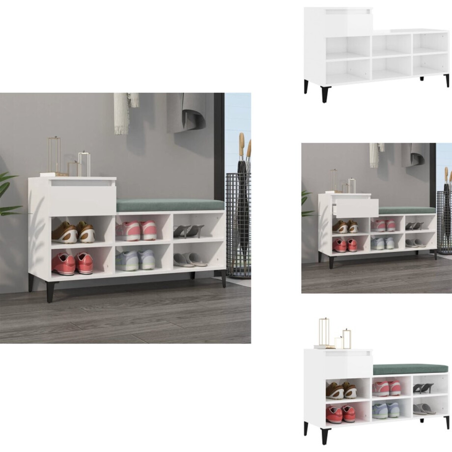 vidaXL Schoenenrek - Schoenenrekken - Opbergrek Voor Schoenen - Schoenenstellage - Schoenenkast 102x36x60 cm bewerkt hout hoogglans wit afbeelding 1