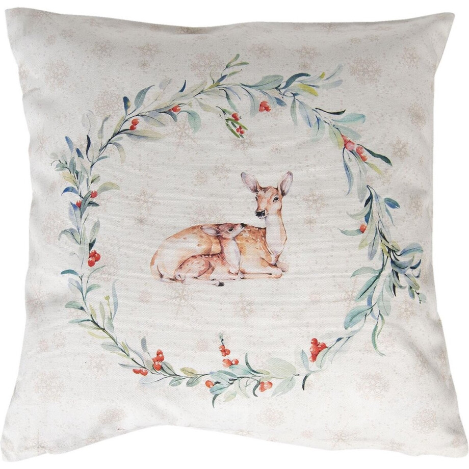 Clayre & Eef Kussenhoes 40x40 cm Wit Groen Katoen Hert afbeelding 1