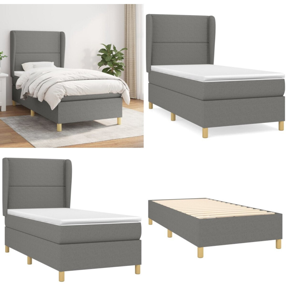 vidaXL Boxspring met matras stof donkergrijs 90x200 cm - Boxspring - Boxsprings - Bed - Slaapmeubel afbeelding 1