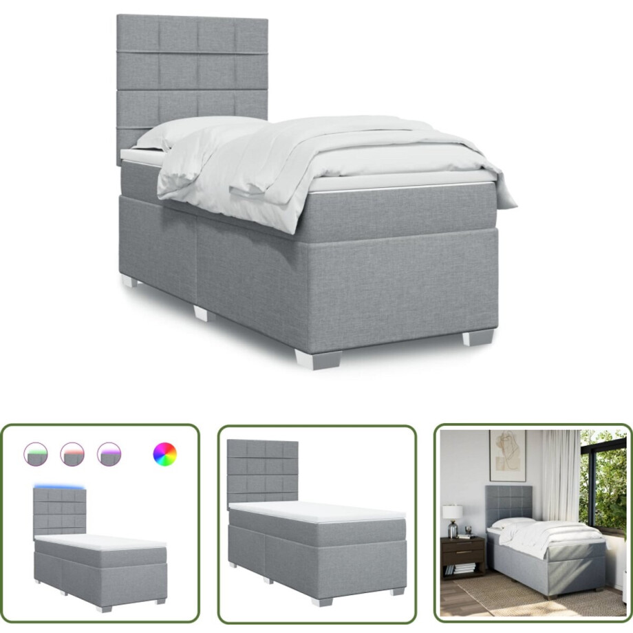vidaXL Boxspringbed - Boxspring - Boxspring met matras stof lichtgrijs 90x190 cm - Led-verlichting - Slaapcomfort - Matras vidaXL Boxspringbed - Boxspring - Boxspring met matras stof lichtgrijs 90x190 cm - Led-verlichting - Slaapcomfort - Matras afbeelding 1