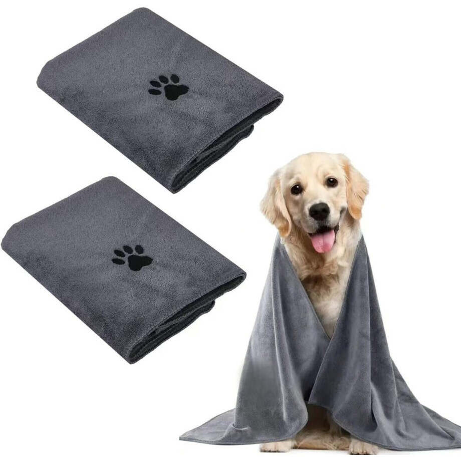 Sander Shop 2 stuks Hondenhanddoek 100 x 50 CM, Hondenhanddoek Extra Absorberend en Zacht Sneldrogend Microvezel, Hondenaccessoires Handdoeken voor Katten, Honden of Andere Huisdieren, Grijs afbeelding 1