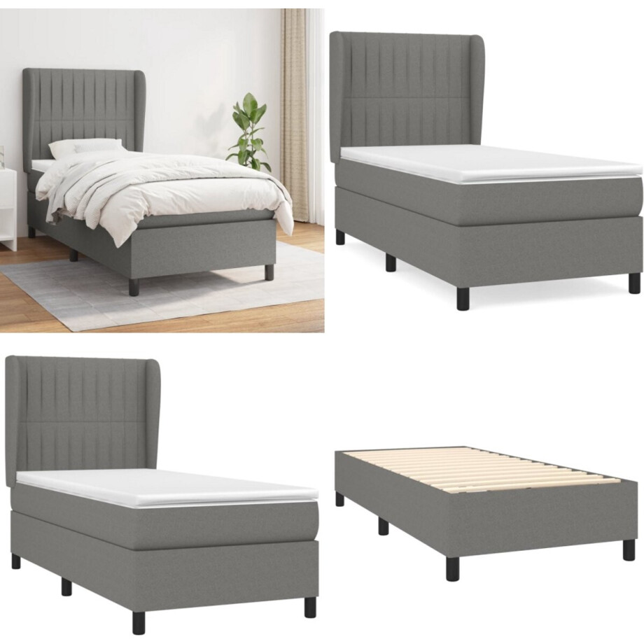 vidaXL Boxspring met matras stof donkergrijs 90x200 cm - Boxspring - Boxsprings - Bed - Slaapmeubel afbeelding 1