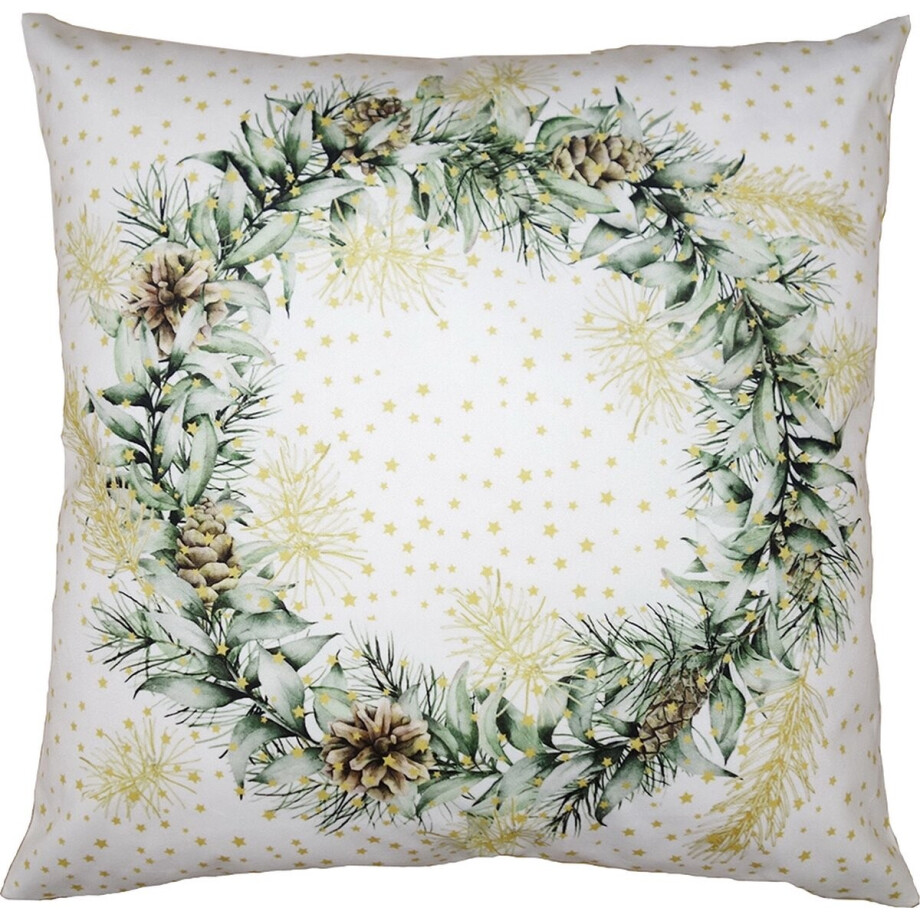 Clayre & Eef Kussenhoes 45x45 cm Groen Wit Polyester Dennenappels Sierkussenhoes afbeelding 1