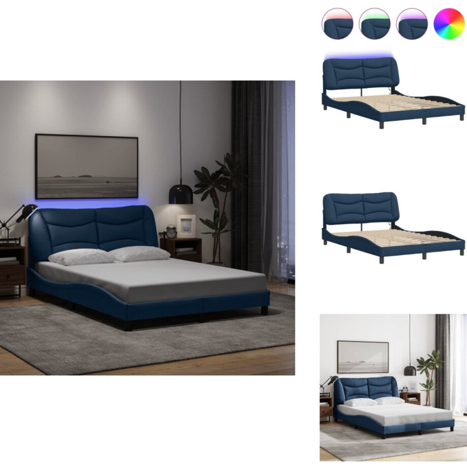 vidaXL Bedframe - Bedframes - Bed - Bedbodem - Bedframe met LED zonder matras 140x200 cm stof blauw afbeelding 1