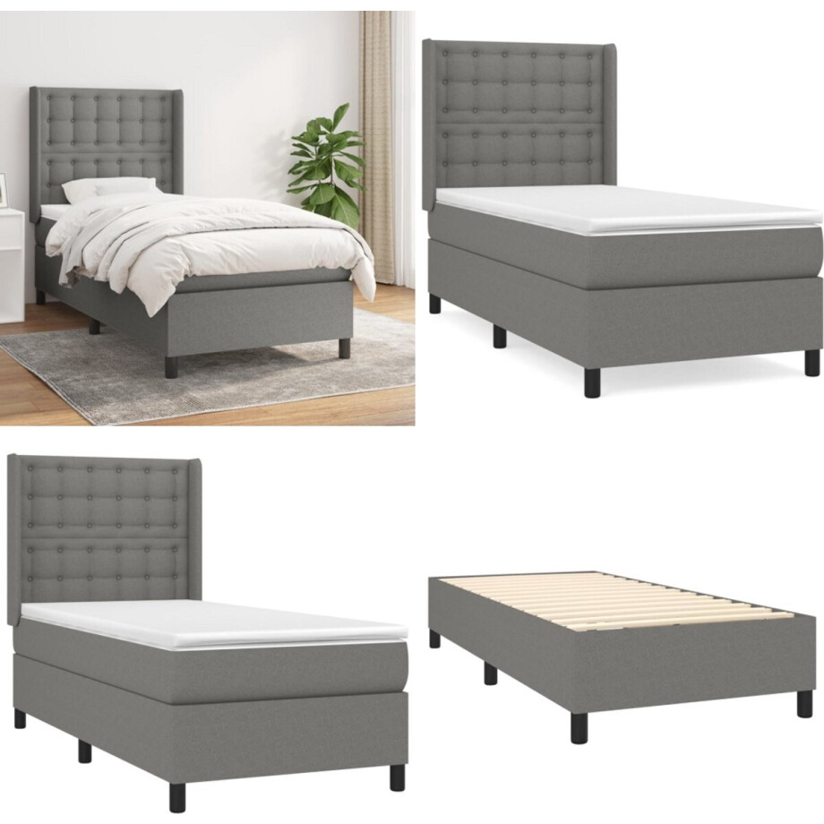 vidaXL Boxspring met matras stof donkergrijs 90x200 cm - Boxspring - Boxsprings - Bed - Slaapmeubel afbeelding 1
