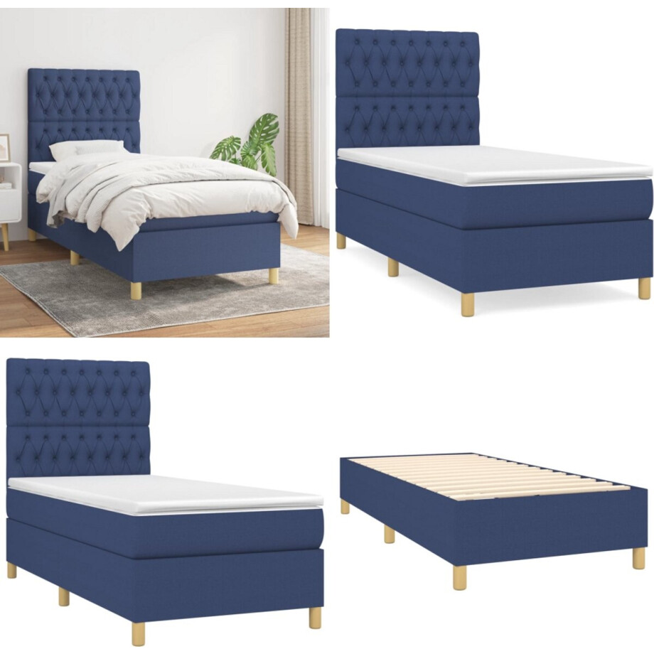 vidaXL Boxspring met matras stof blauw 90x190 cm - Boxspring - Boxsprings - Bed - Slaapmeubel afbeelding 1