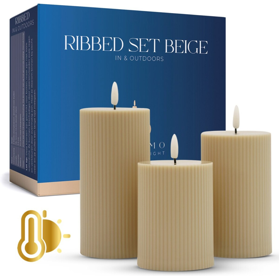 VITAMO Ribbed LED Kaarsen Set – In & Outdoors – Kunststof Stompkaarsen met Realistische Flikkering - Timerfunctie – Ribbel Kaarsen voor Binnen en Buiten – Beige (3 Stuks) VITAMO Ribbed LED Kaarsen Set – In & Outdoors – Kunststof Stompkaarsen met Realistische Flikkering - Timerfunctie – Ribbel Kaarsen voor Binnen en Buiten – Beige (3 Stuks) afbeelding 1