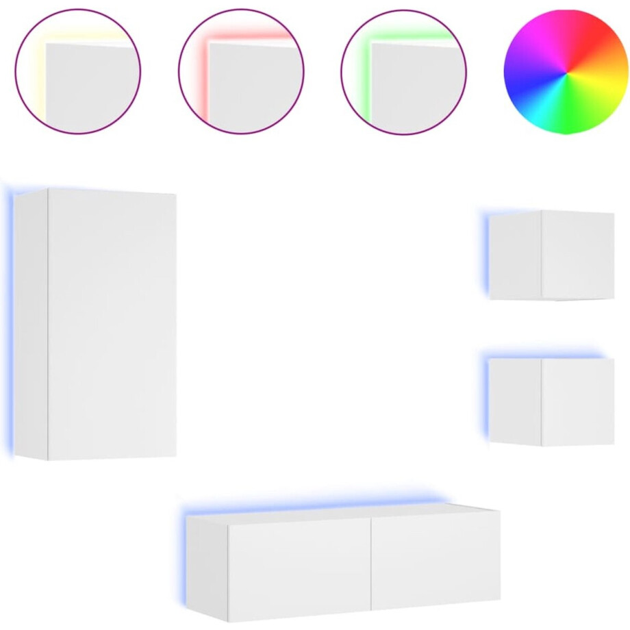 vidaXL - 4-delige - tv-wandmeubelset - met - LED-verlichting - wit vidaXL - 4-delige - tv-wandmeubelset - met - LED-verlichting - wit afbeelding 1
