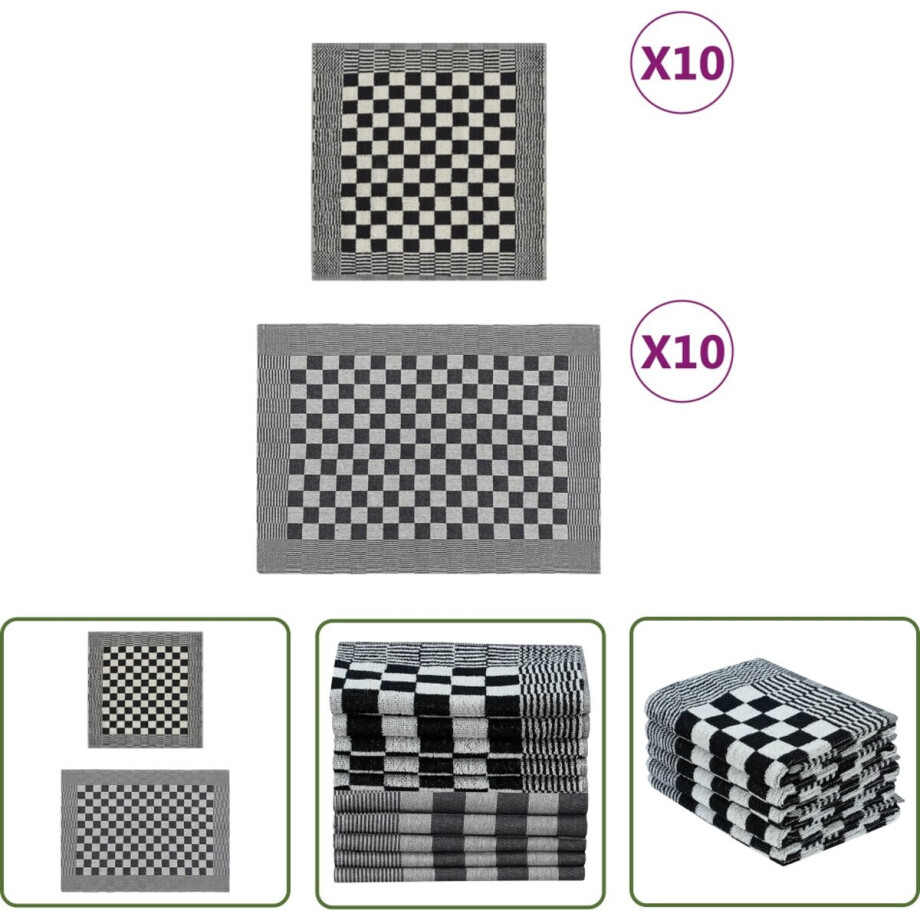 vidaXL Theedoek - Keuken Doek - 20-delige Keukendoekenset katoen zwart en wit - Handdoek - Katoen Doek - Zwarte Handdoek afbeelding 1
