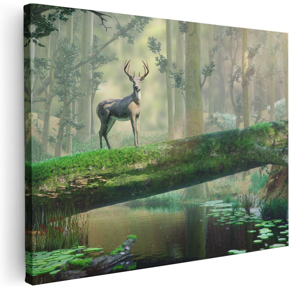 Artaza Canvas Schilderij Hert - 80x60 cm - Wanddecoratie Bos - Muurdecoratie Gewei - Schilderijen Op Canvas Natuur afbeelding 1
