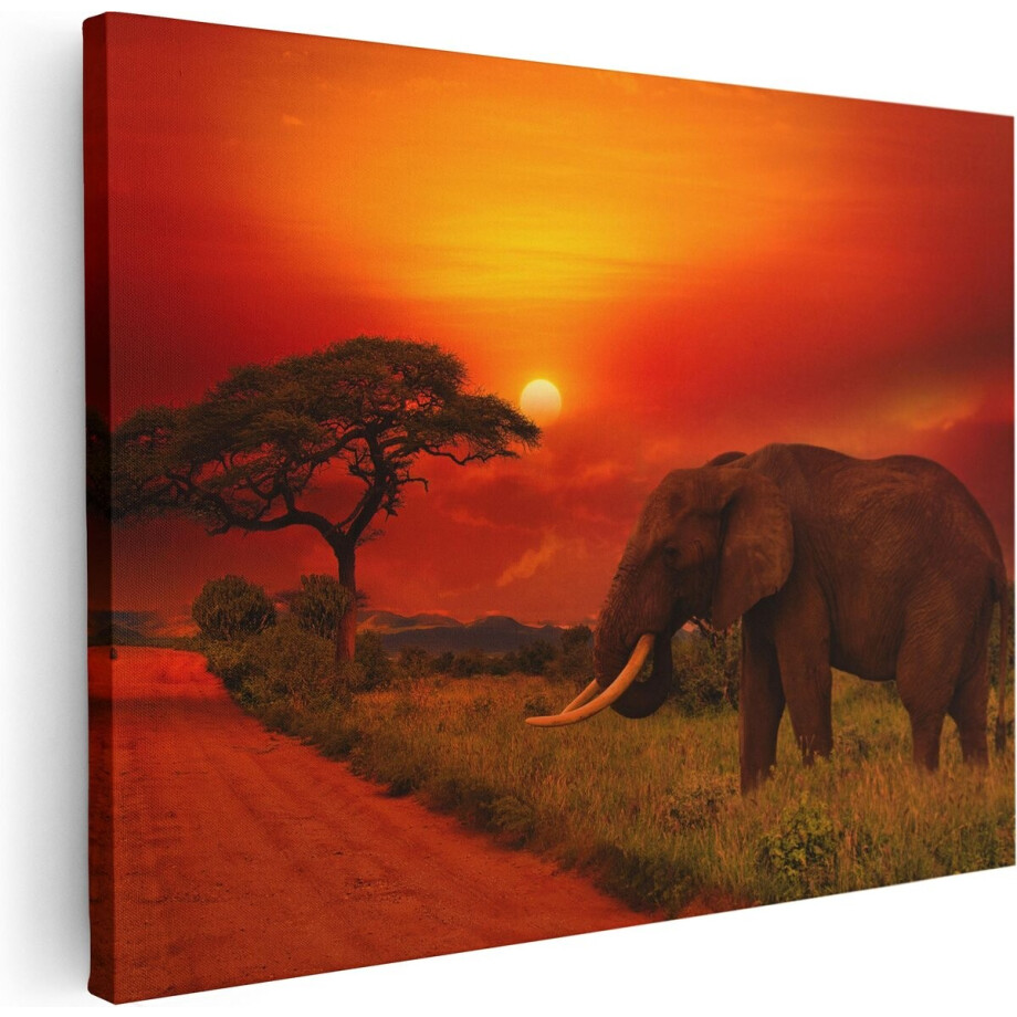 Artaza Canvas Schilderij Zonsondergang Afrika - 40x30 cm - Klein - Wanddecoratie Olifant - Muurdecoratie Dieren - Schilderijen Op Canvas afbeelding 1
