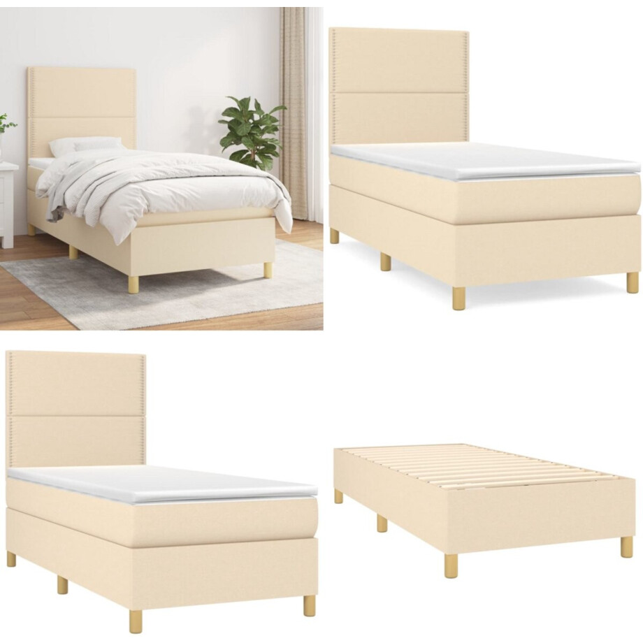vidaXL Boxspring met matras stof crèmekleurig 100x200 cm - Boxspring - Boxsprings - Bed - Slaapmeubel afbeelding 1