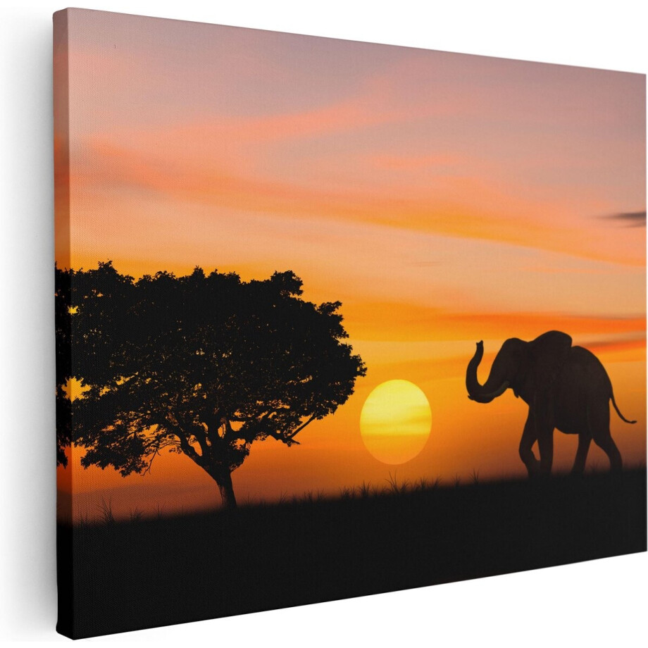 Artaza Canvas Schilderij Olifant Silhouet Tijdens Zonsondergang  - 80x60 - Foto Op Canvas - Canvas Print afbeelding 1