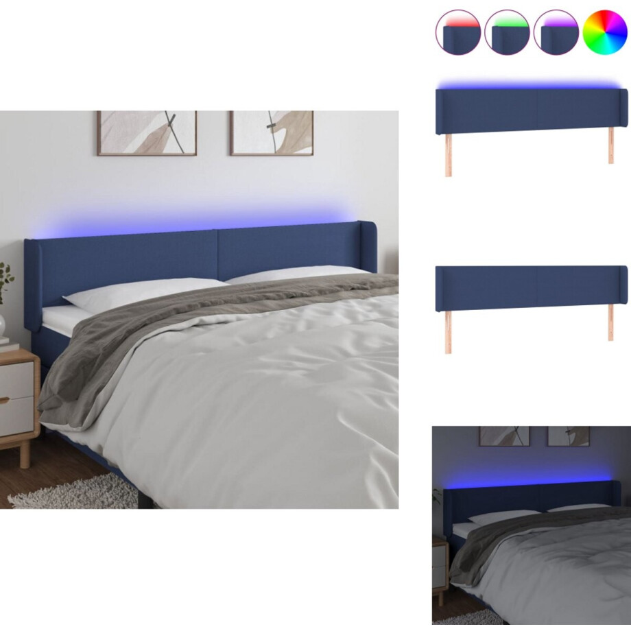 vidaXL Hoofdbord - Hoofdborden - Hoofdeinde - Houten Hoofdbord - Hoofdbord LED 163x16x78/88 cm stof blauw afbeelding 1