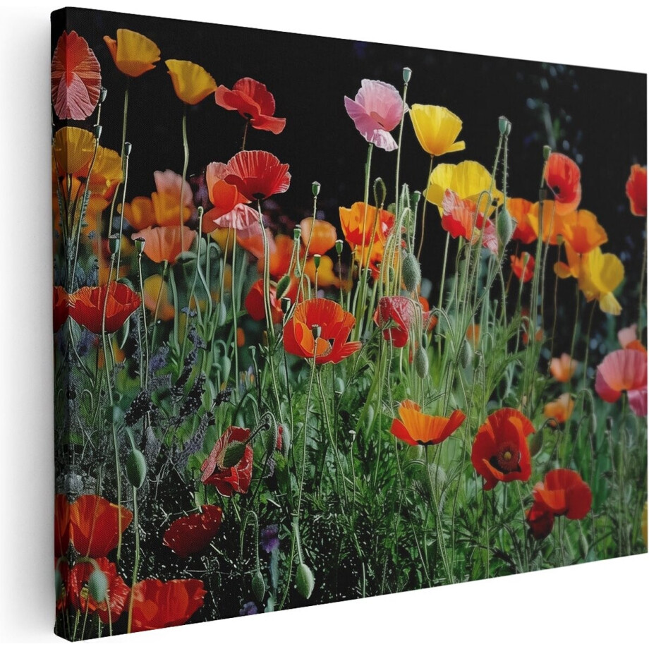 Artaza Canvas Schilderij Kleurrijke Papavers in een Veld - Bloemen - 120x90 cm - Wanddecoratie Woonkamer - Schilderijen - Muurdecoratie afbeelding 1