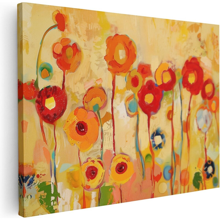 Artaza Canvas Schilderij Kleurrijke Bloemen in een Veld - Bloemen - 80x60 cm - Wanddecoratie Woonkamer - Schilderijen - Muurdecoratie afbeelding 1