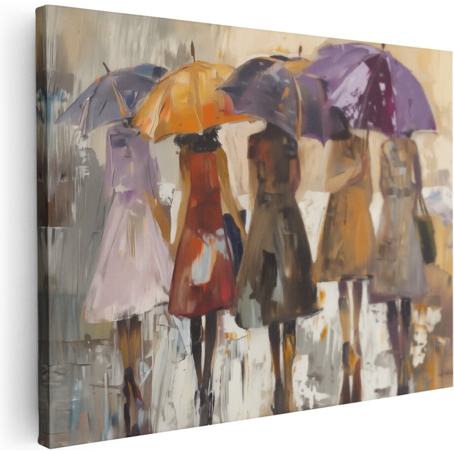 Artaza Canvas Schilderij Vrouwen met Paraplu’s in de Regen - 80x60 cm - Wanddecoratie Woonkamer - Schilderijen - Muurdecoratie Artaza Canvas Schilderij Vrouwen met Paraplu’s in de Regen - 80x60 cm - Wanddecoratie Woonkamer - Schilderijen - Muurdecoratie afbeelding 1