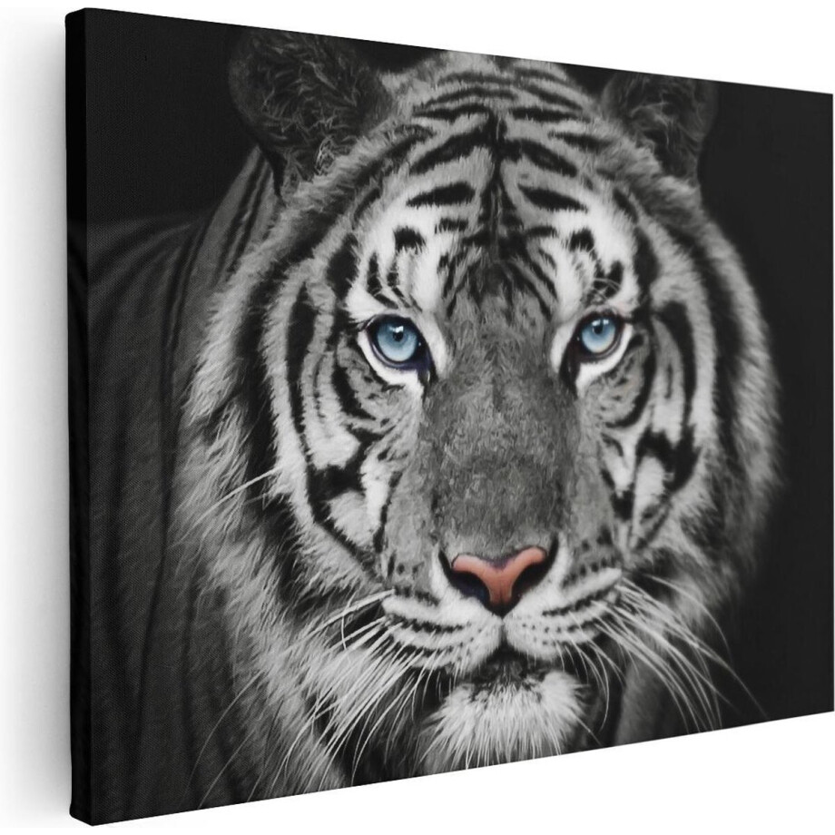 Artaza Canvas Schilderij Tijgerkop Met Blauwe Ogen - Zwart Wit - 80x60 - Foto Op Canvas - Canvas Print afbeelding 1