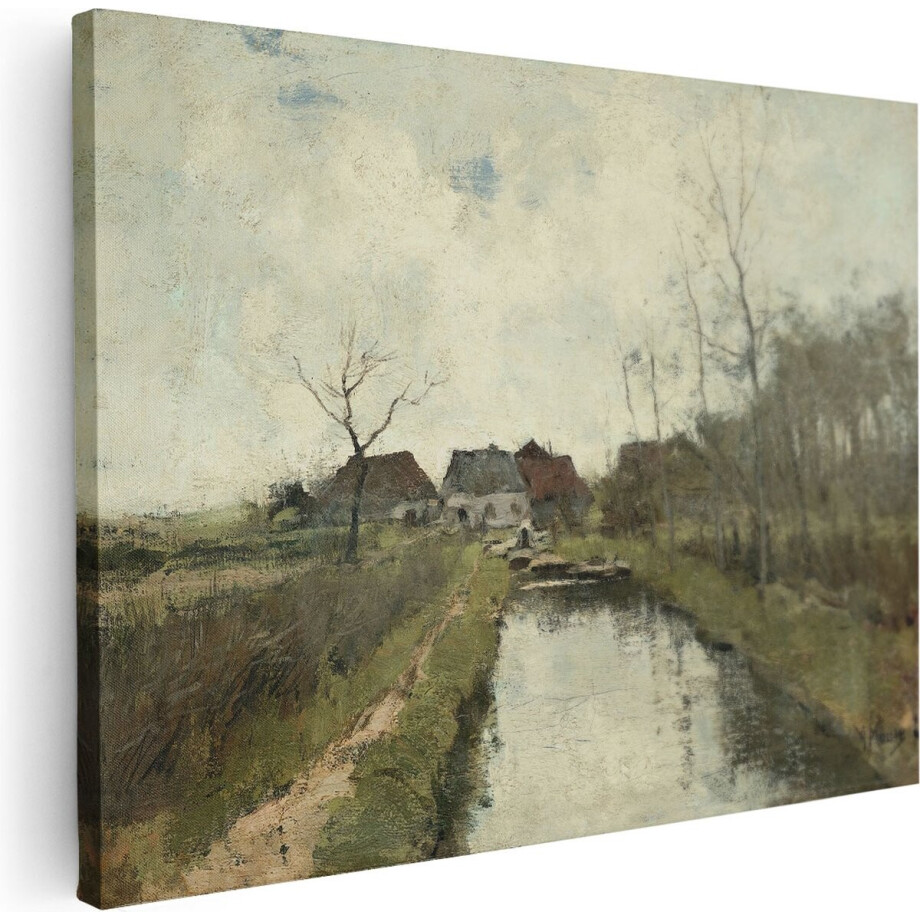 Artaza Canvas Schilderij Huisje aan een Sloot - Anton Mauve - 120x90 - Groot - Kunst - Wanddecoratie Woonkamer afbeelding 1