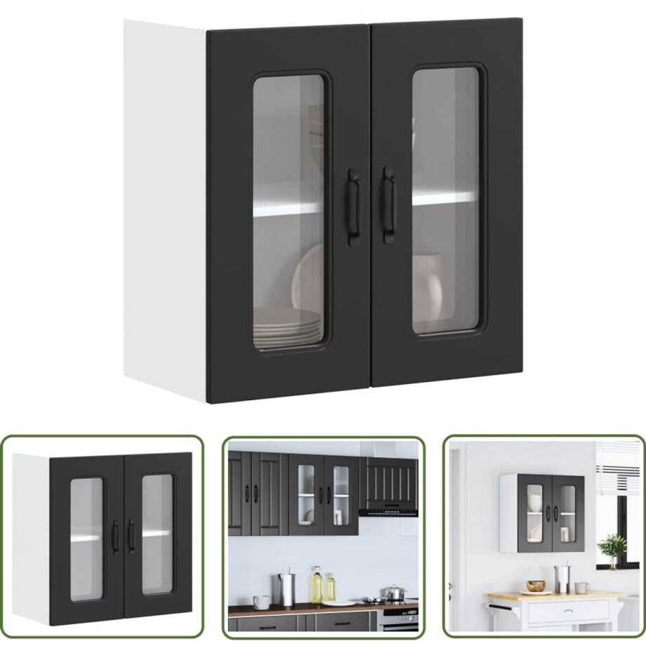 vidaXL Wandkast - Keukenkast - Keukenwandkast met glazen deur Kalmar bewerkt hout zwart - Houten Kast - Zwarte Kast - Glazen Deur vidaXL Wandkast - Keukenkast - Keukenwandkast met glazen deur Kalmar bewerkt hout zwart - Houten Kast - Zwarte Kast - Glazen Deur afbeelding 1