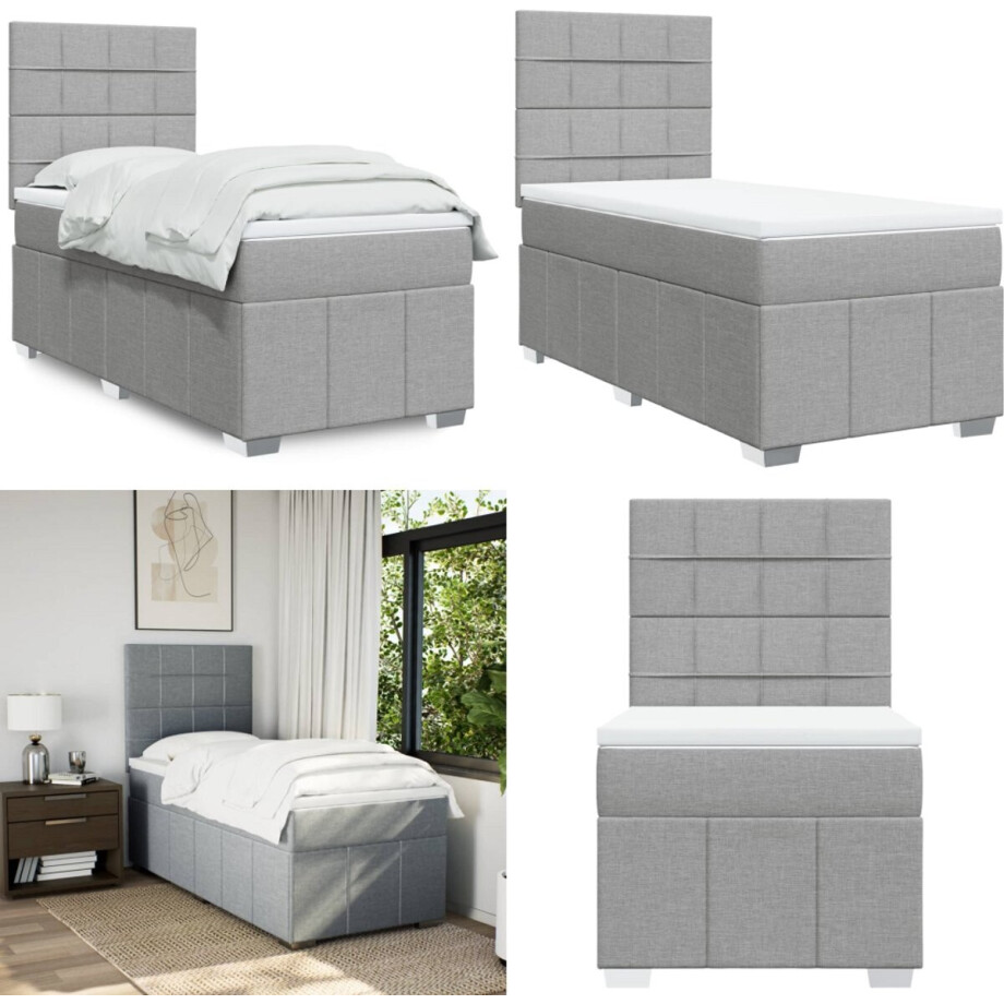 vidaXL Boxspring met matras stof lichtgrijs 100x200 cm - Boxspringbed - Boxspringbedden - Boxspring - Bed afbeelding 1