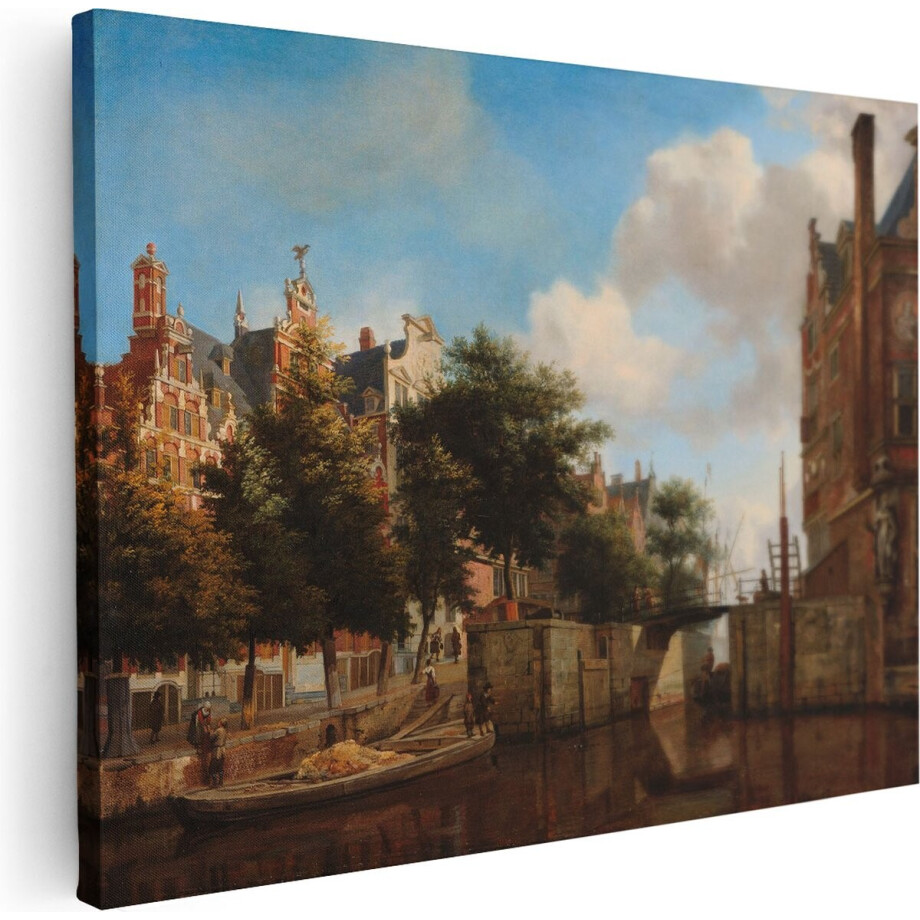 Artaza Canvas Schilderij Amsterdams Stadsgezicht met Huizen aan de Herengracht - Jan van der Heyden - 120x90 - Groot - Kunst - Wanddecoratie afbeelding 1
