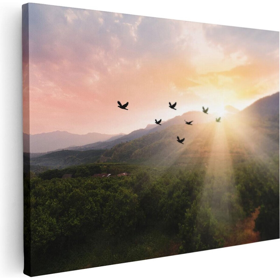 Artaza Canvas Schilderij Zonsondergang - 40x30 cm - Klein - Wanddecoratie Bergen - Muurdecoratie Vogels - Kamer Accessoires Natuur afbeelding 1