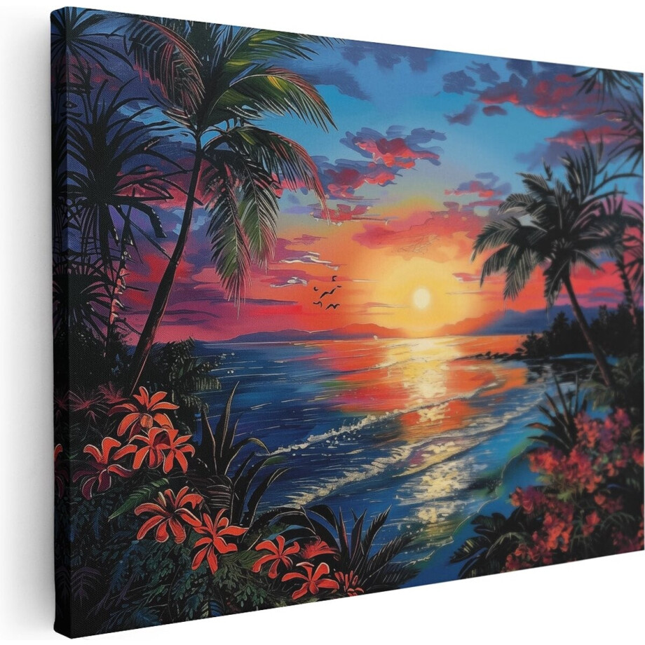 Artaza Canvas Schilderij Tropische Zonsondergang met Palmbomen en Bloemen - Bloemen - 80x60 cm - Wanddecoratie Woonkamer - Schilderijen - Muurdecoratie Artaza Canvas Schilderij Tropische Zonsondergang met Palmbomen en Bloemen - Bloemen - 80x60 cm - Wanddecoratie Woonkamer - Schilderijen - Muurdecoratie afbeelding 1