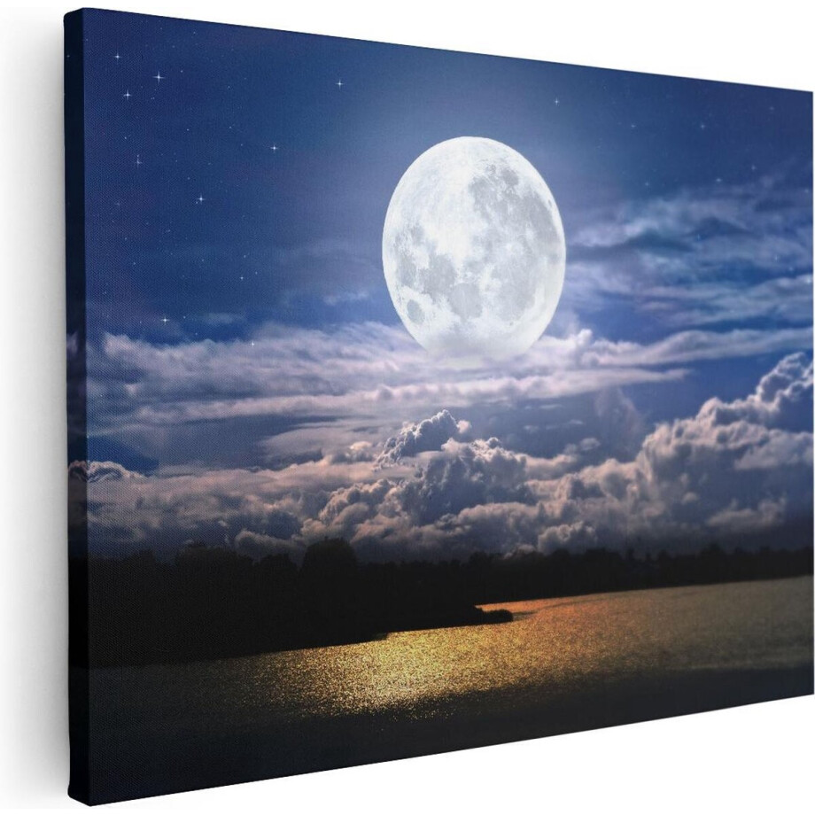 Artaza Canvas Schilderij Zee - 40x30 cm - Klein - Wanddecoratie Maan - Muurdecoratie Nachtlucht - Schilderijen Op Canvas afbeelding 1