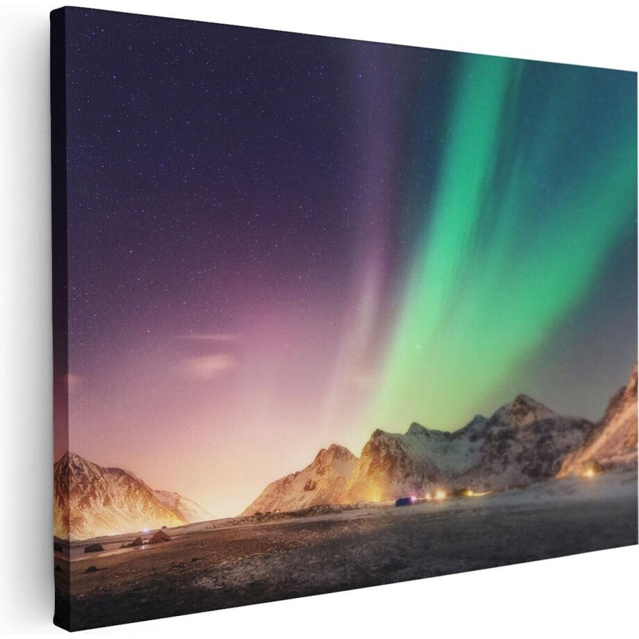Artaza Canvas Schilderij Noorderlicht in de Bergen met Sneeuw - 40x30 - Klein - Foto Op Canvas - Canvas Print afbeelding 1