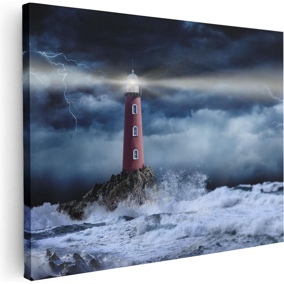 Artaza Canvas Schilderij Vuurtoren op een Storm Zee met Golfen Water - 80x60 cm - Wanddecoratie Woonkamer - Schilderijen - Muurdecoratie afbeelding 1
