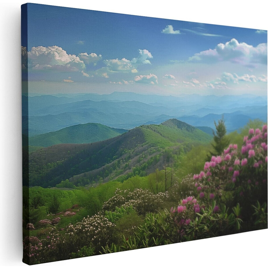 Artaza Canvas Schilderij Bergen - 80x60 cm - Wanddecoratie Landschap - Muurdecoratie Natuur - Schilderijen Op Canvas Rododendron afbeelding 1