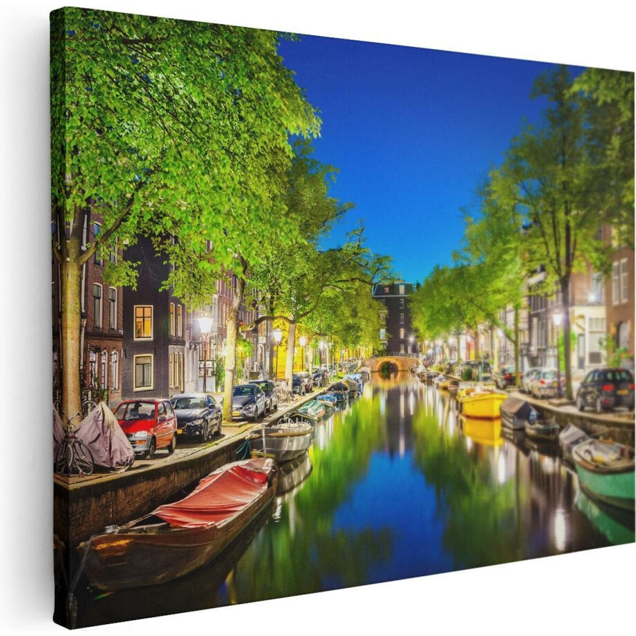 Artaza Canvas Schilderij Amsterdamse Grachten - 80x60 cm - Wanddecoratie Amsterdam - Muurdecoratie Boten - Schilderijen Op Canvas afbeelding 1
