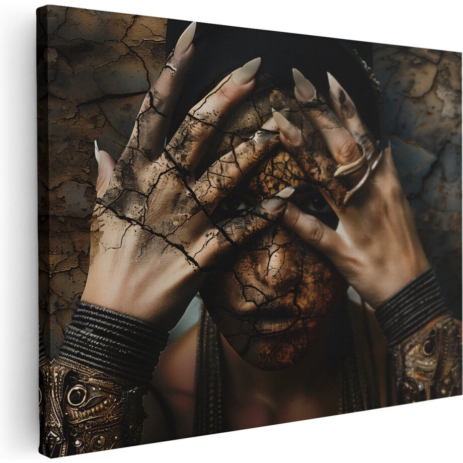 Artaza Canvas Schilderij Vrouw met Gebarsten Gezicht en Handen - 40x30 cm - Klein - Wanddecoratie Woonkamer - Schilderijen - Muurdecoratie afbeelding 1