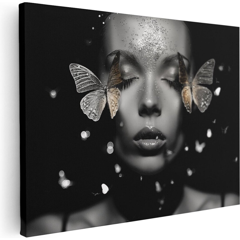 Artaza Canvas Schilderij Vrouw met Vlindervleugels op haar Gezicht - 80x60 cm - Wanddecoratie Woonkamer - Schilderijen - Muurdecoratie afbeelding 1