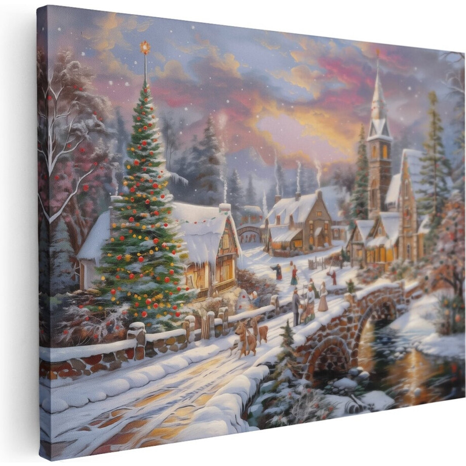 Artaza Canvas Schilderij Winterdorp - 120x90 cm - Groot - Wanddecoratie Winterlandschap - Muurdecoratie Kerststal - Schilderijen Op Canvas afbeelding 1