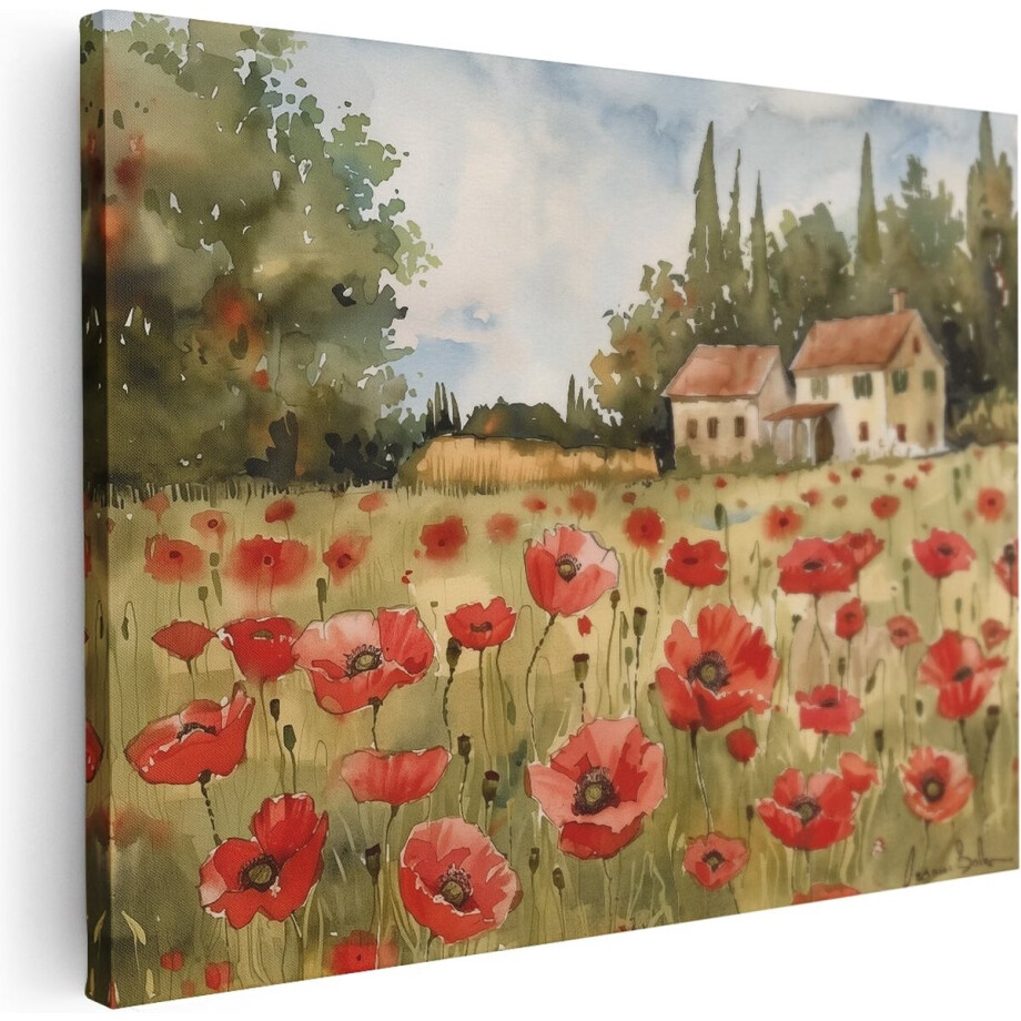 Artaza Canvas Schilderij Aquarel van Rode Klaprozen bij een Huis - Bloemen - 80x60 cm - Wanddecoratie Woonkamer - Schilderijen - Muurdecoratie afbeelding 1