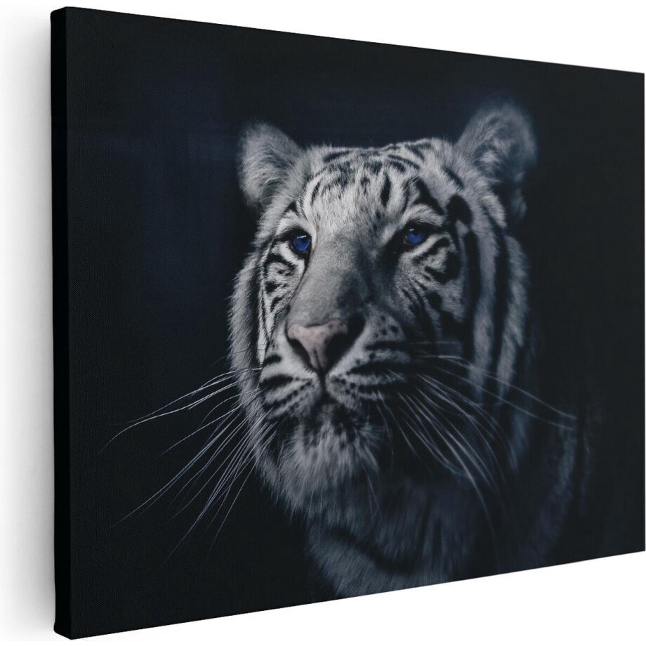 Artaza Canvas Schilderij Tijgerkop Met Blauwe Ogen - Zwart Wit - 80x60 - Foto Op Canvas - Canvas Print afbeelding 1