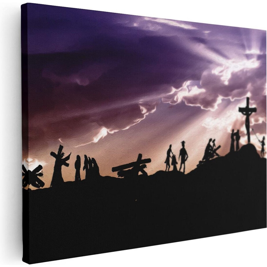 Artaza Canvas Schilderij Kruisiging - 40x30 cm - Klein - Wanddecoratie Christelijk - Muurdecoratie Golgotha - Schilderijen Op Canvas afbeelding 1