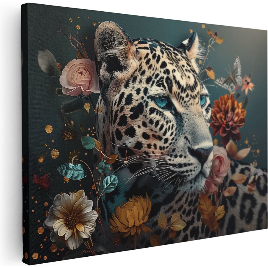 Artaza Canvas Schilderij Luipaard Omgeven door Bloemen - Dieren - 80x60 cm - Wanddecoratie Woonkamer - Schilderijen - Muurdecoratie afbeelding 1