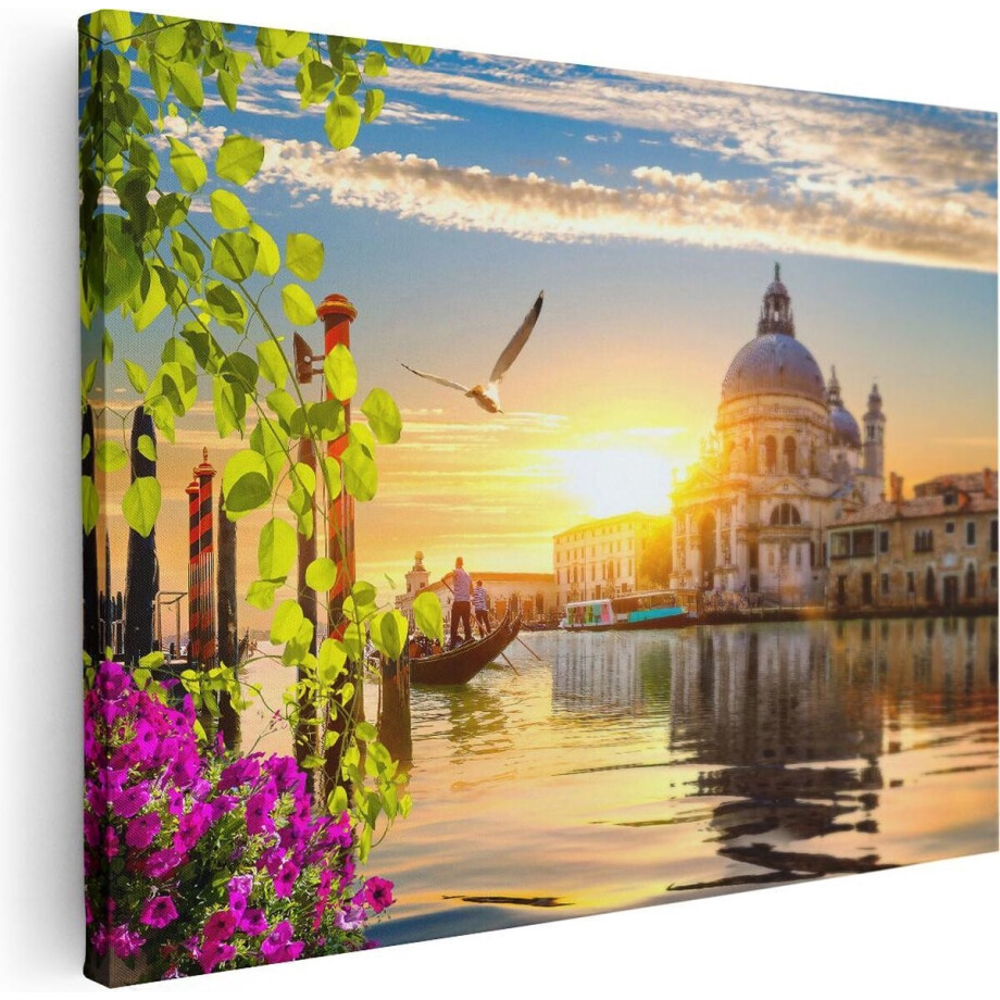 Artaza Canvas Schilderij Venetië - 80x60 cm - Wanddecoratie Italië - Muurdecoratie Zonsondergang - Schilderijen Op Canvas Gondel afbeelding 1