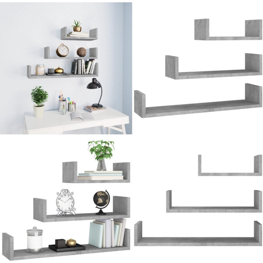 vidaXL Wandschappen 3 st bewerkt hout betongrijs - Plank - Planken - Schap - Schappen afbeelding 1