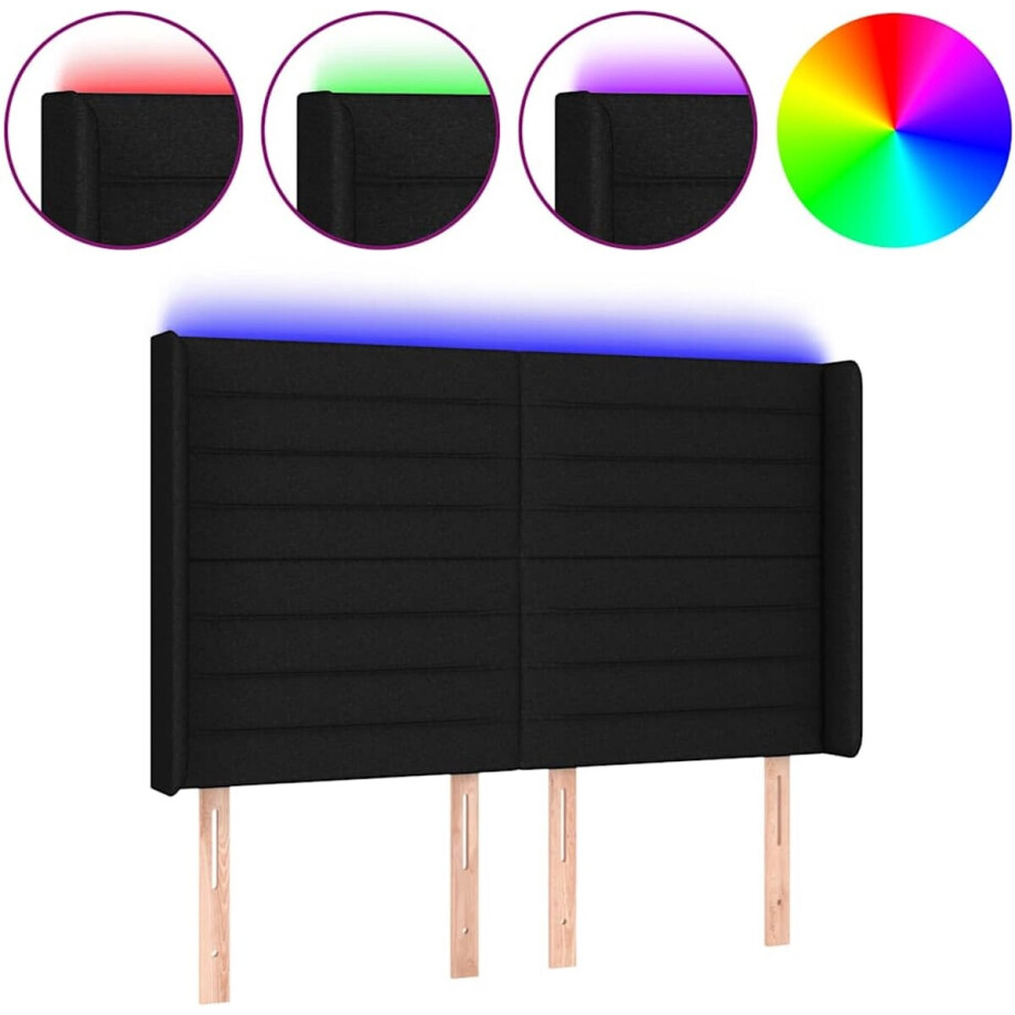 vidaXL - Hoofdbord - LED - 147x16x118/128 - cm - stof - zwart afbeelding 1