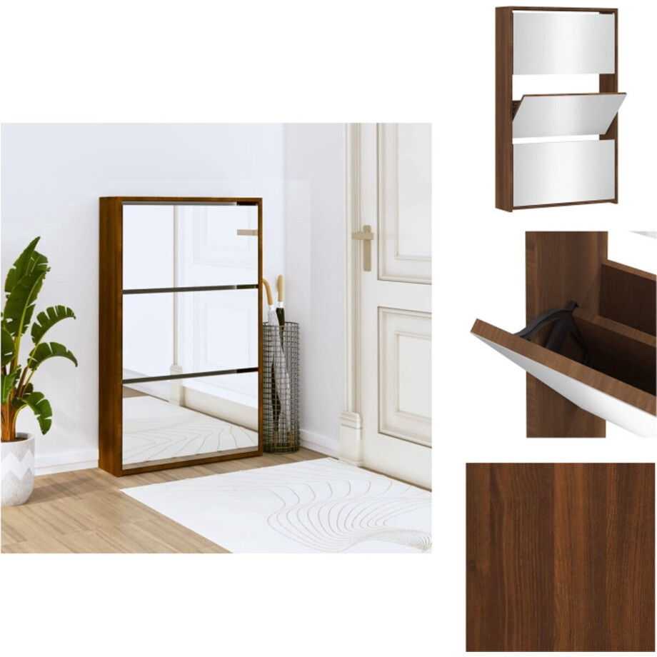 vidaXL Schoenenkast - Schoenenkasten - Berging Voor Schoenen - Schoenenrek - Schoenenkast met spiegel 3-laags 63x17x102,5 cm bruineiken afbeelding 1