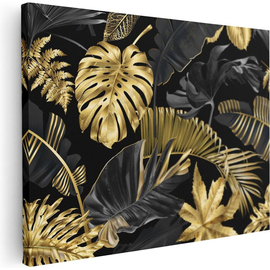Artaza Canvas Schilderij Botanisch Bladeren - 80x60 cm - Wanddecoratie Jungle - Muurdecoratie Botanisch - Schilderijen Op Canvas Goud Zwart afbeelding 1