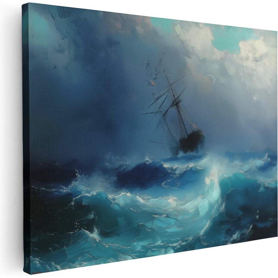Artaza Canvas Schilderij Zeilboot Storm - 120x90 cm - Groot - Wanddecoratie Zee - Muurdecoratie Golven - Schilderijen Op Canvas afbeelding 1