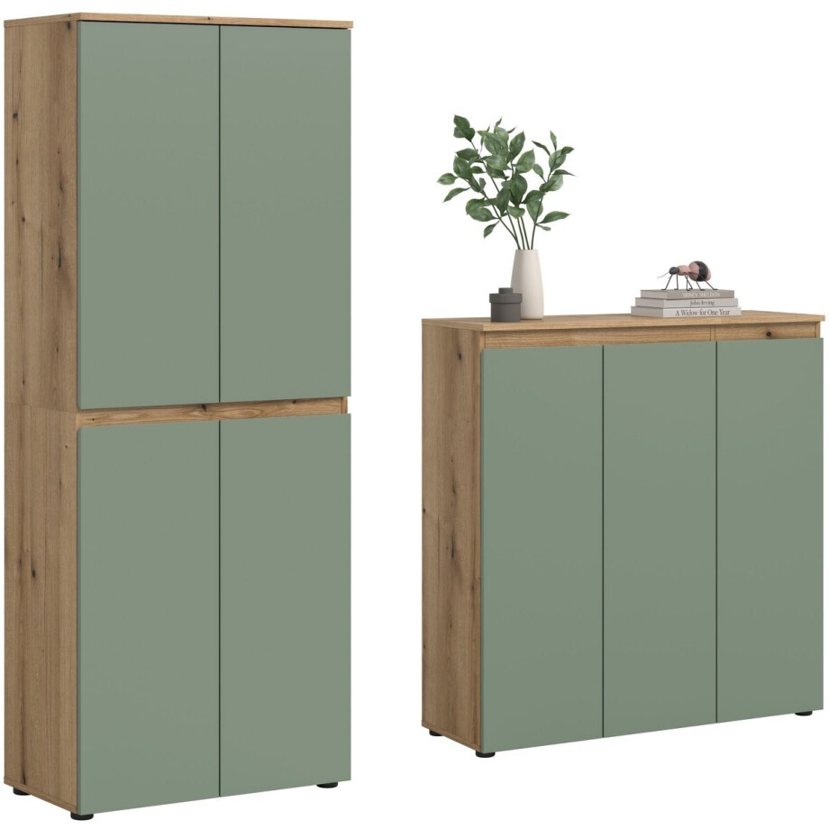 Ruime universele kast in rookgroen en eik - 15 verstelbare planken - Op wielen - 140x175x37cm afbeelding 1