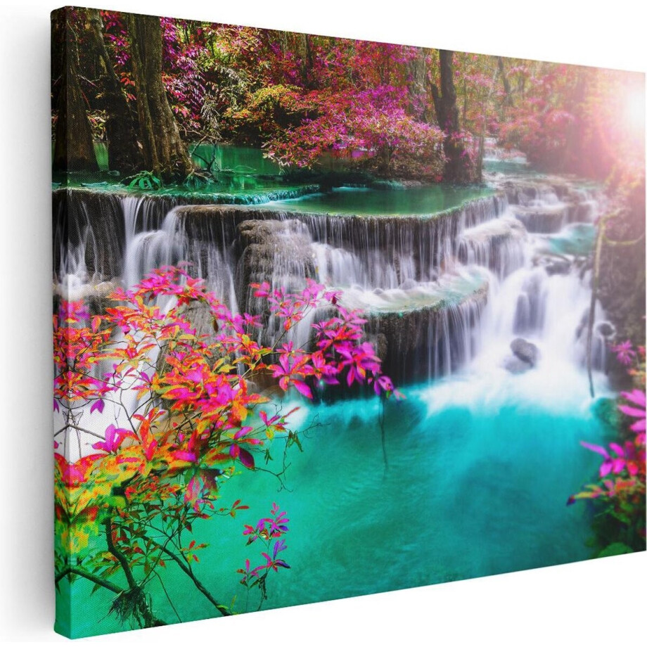 Artaza Canvas Schilderij Waterval In De Herfst Met Kleurrijke Bloemen - 40x30 - Klein - Foto Op Canvas - Canvas Print afbeelding 1