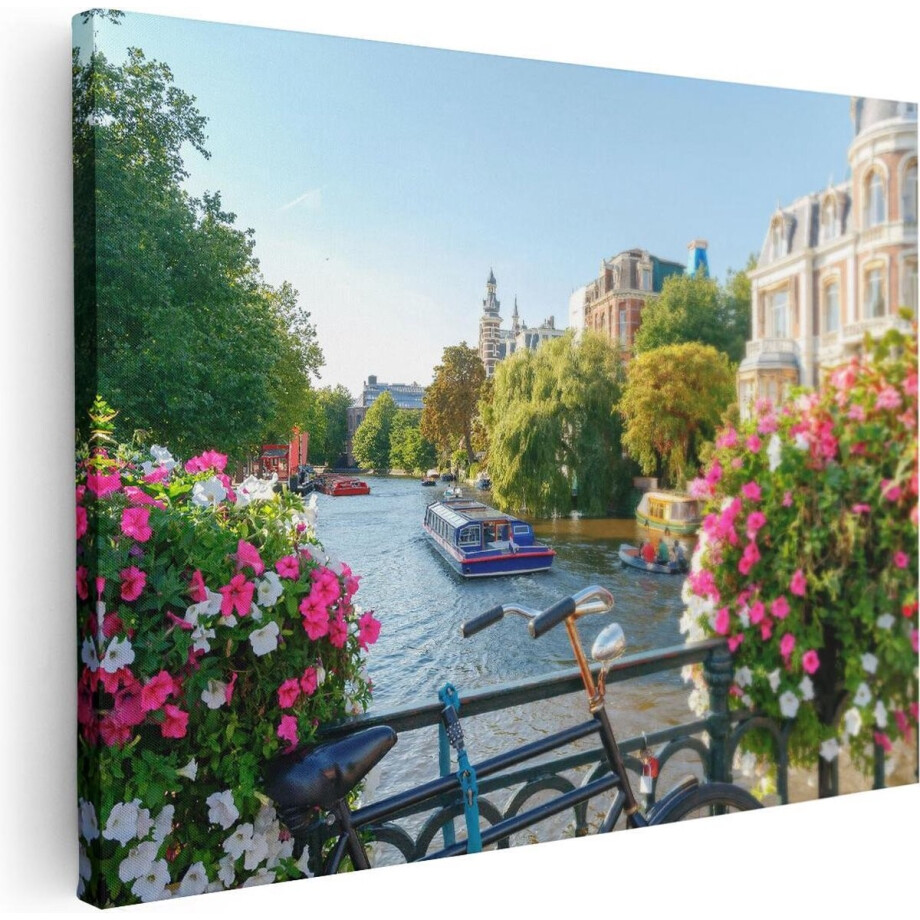 Artaza Canvas Schilderij Amsterdamse Kanaal Met Bloemen - 40x30 - Klein - Foto Op Canvas - Canvas Print afbeelding 1